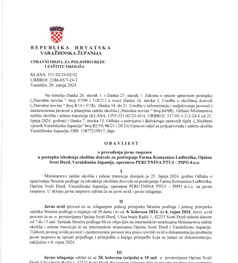 Obavijest o provođenju javne rasprave u postupku ishođenja okolišne dozvole za postrojenje Farma Komarnica Ludbreška, Općina Sveti Đurđ, operatera PERUTNINA PTUJ – PIPO d.o.o.