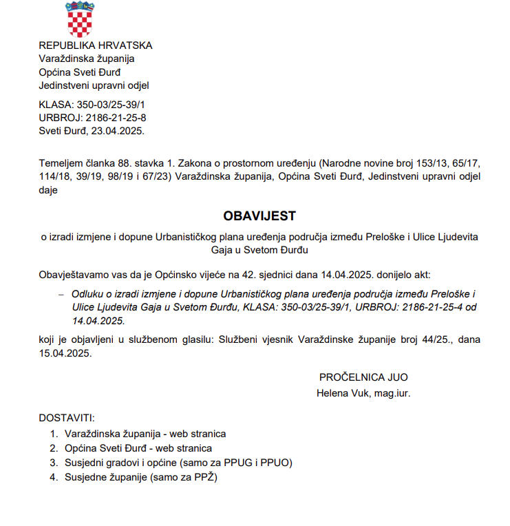 Obavijest javnosti o izradi izmjena i dopuna Urbanističkog plana uređenja na području između Preloške ulice i Ulice Ljudevita Gaja u Svetom Đurđu